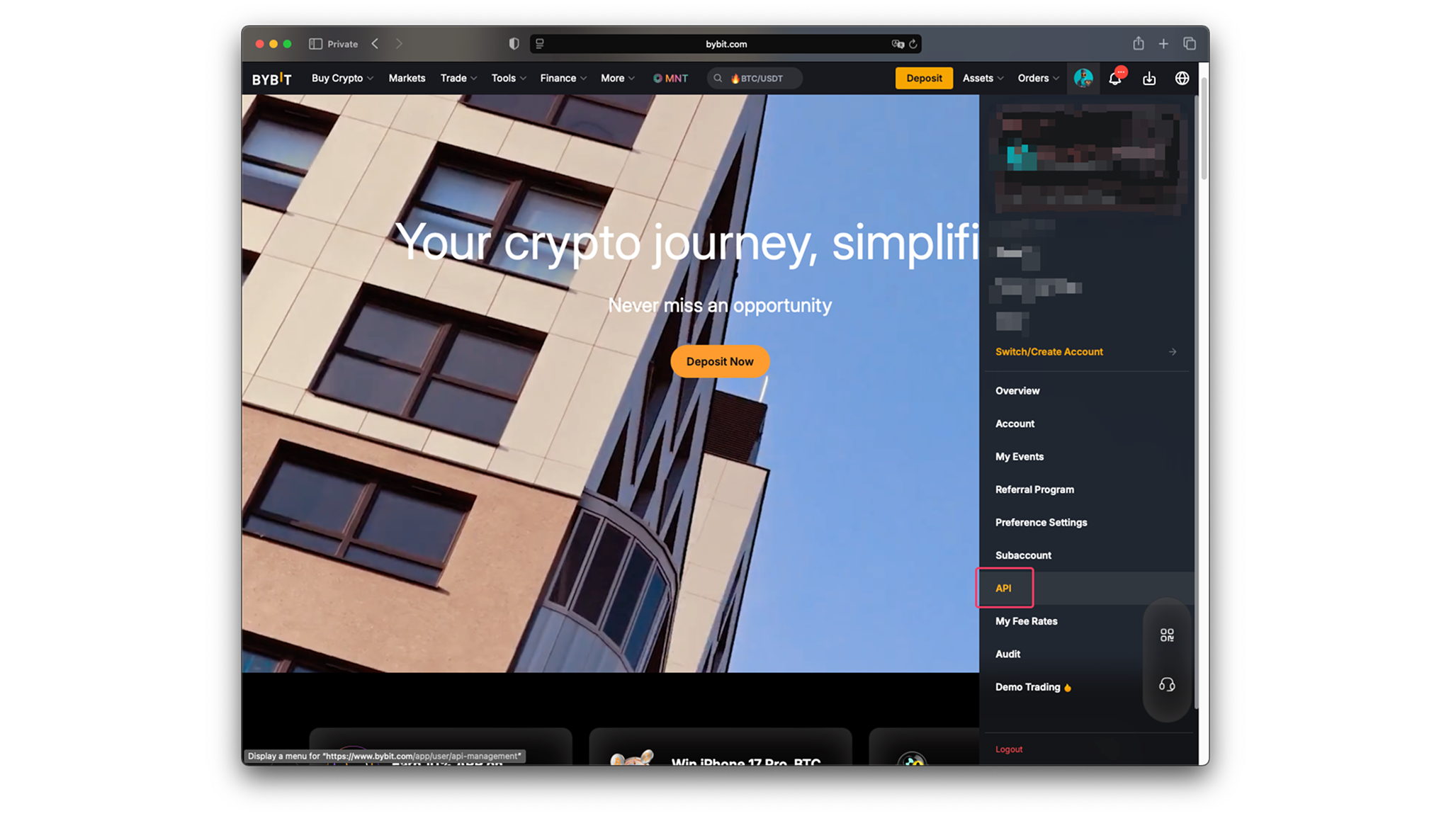 Bybit API keys page
