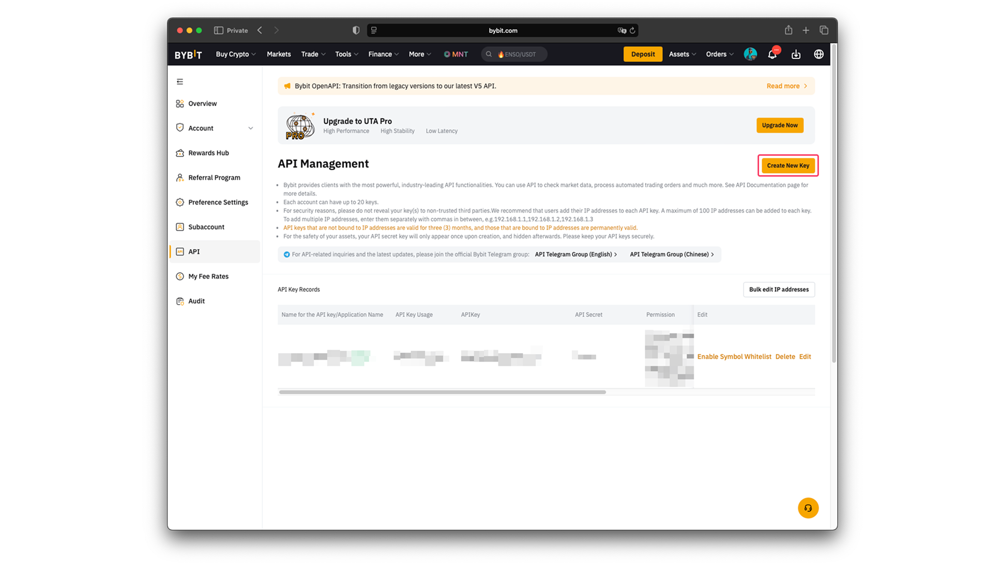 Create API Key button