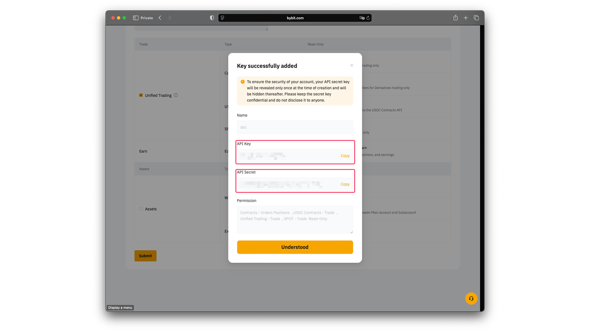 API Key and Secret result