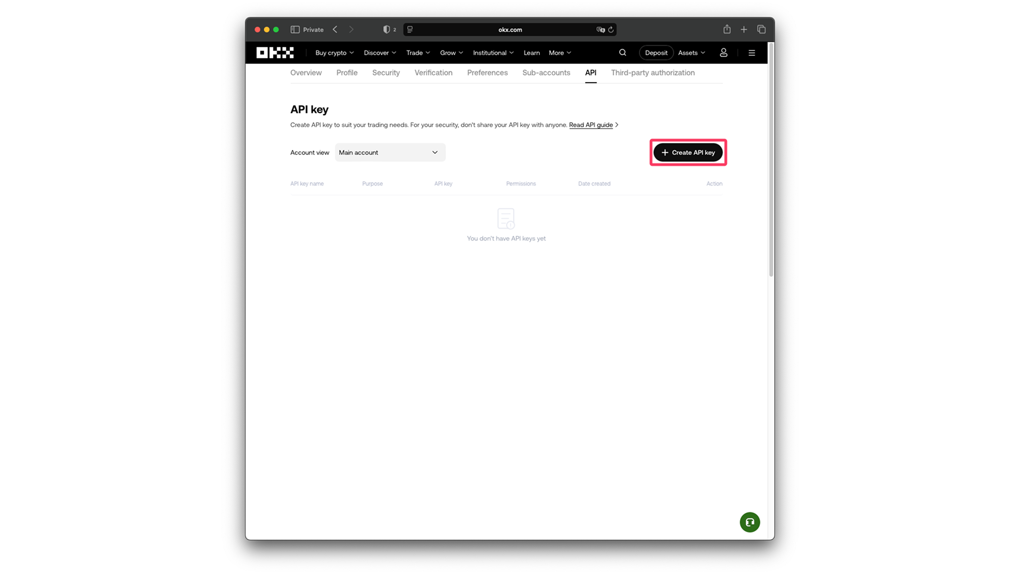 OKX API keys page