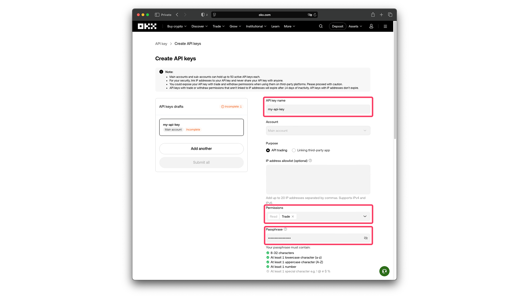 OKX API key creation form