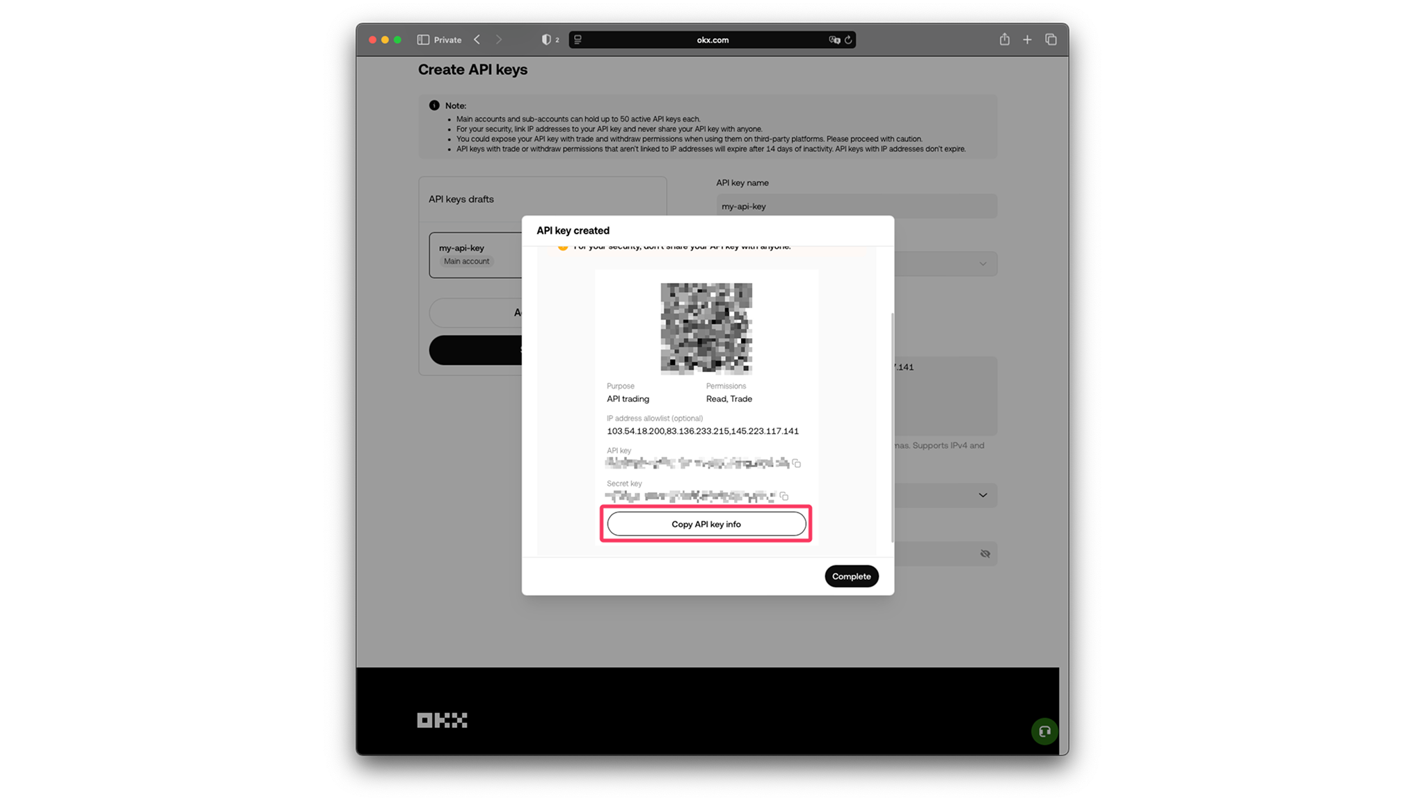 Copy API key info button