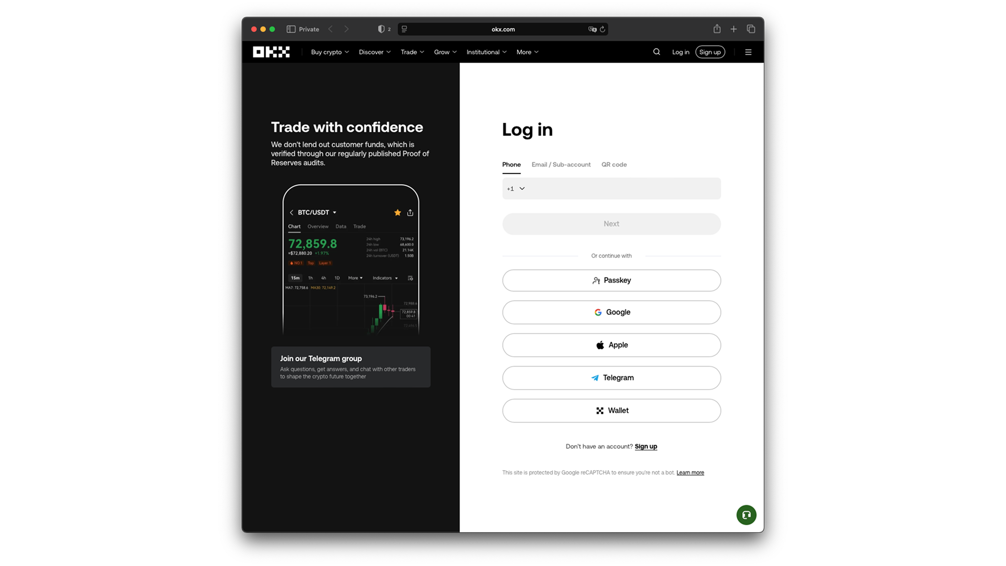 OKX login page