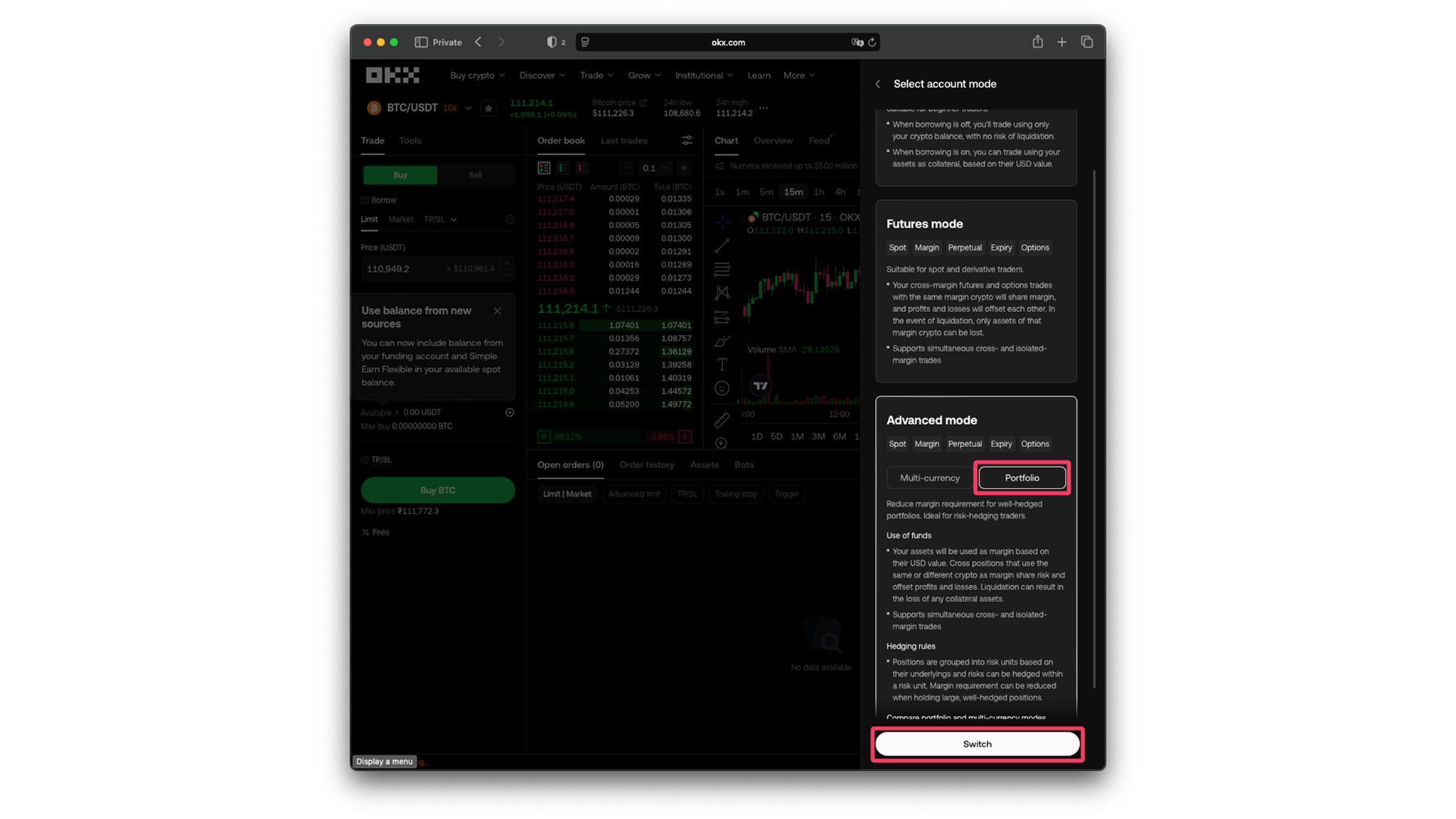 OKX account mode — select Portfolio Mode