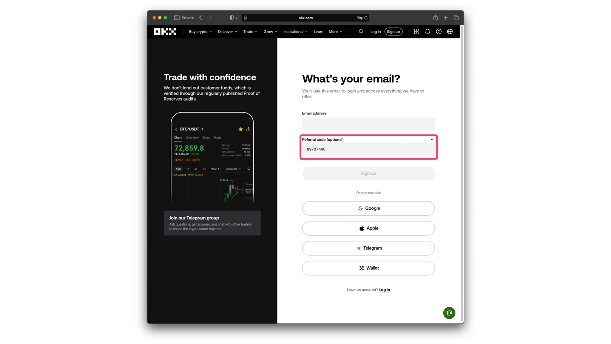 OKX signup page